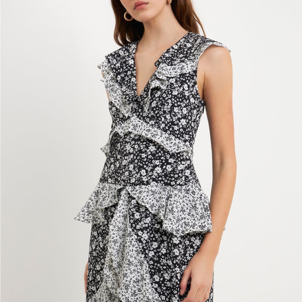 ENDLESS ROSE Dot Floral Contrast Midi Ruffle Dress